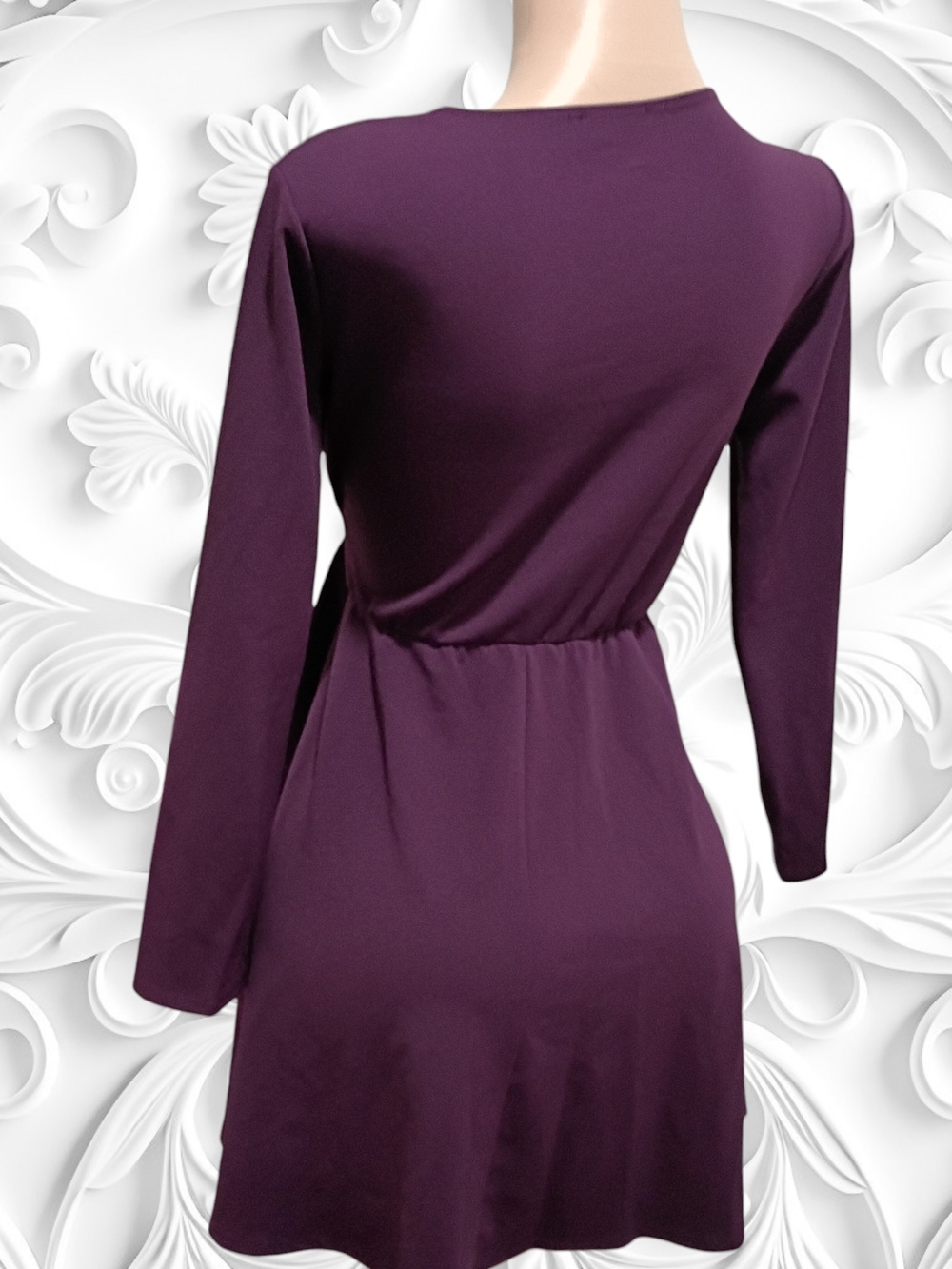 MARINA Plum Long-Sleeve Wrap Dress with Decorative Ring - Picture 3 of 4